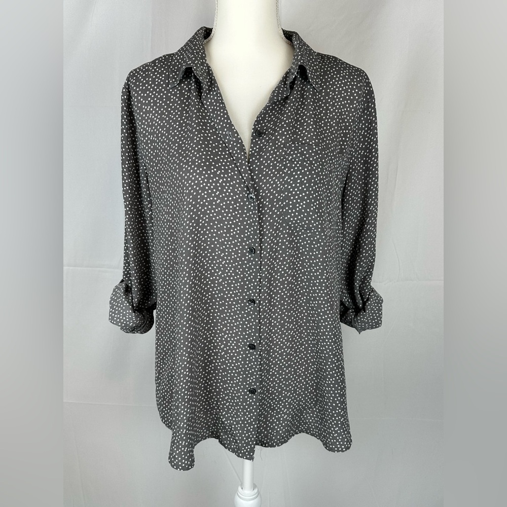 Ann Taylor Womens Button Front Top Black Cream Polka Dot Silk Long Sleeve sz L